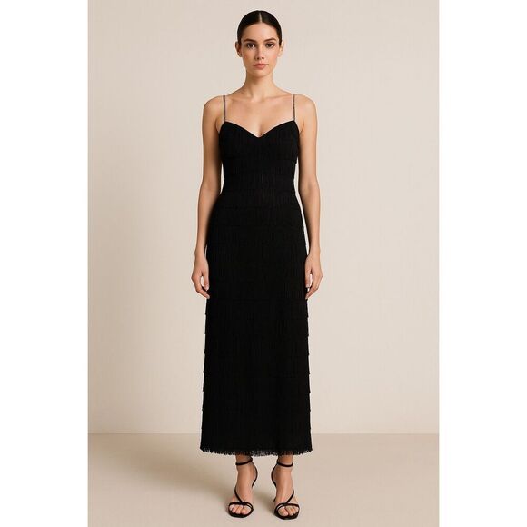 Vintage Inspired Black Fringe Maxi evening Gown With Rhinestone Straps - Picture 1 of 12